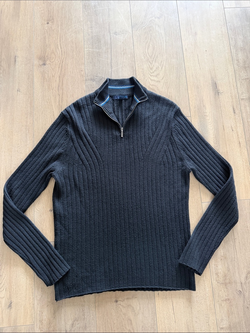 Men's Merino Wool Blend Black Ribbed Quarter-Zip Sweater Size L Coastal Pullover